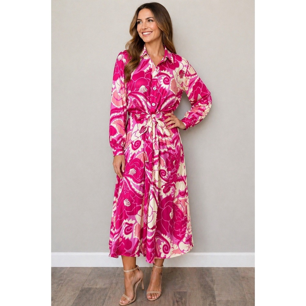 FARM Rio Brazilian Garden Party Dress Pink Tropical Midi Artwear Boho Small Luxe